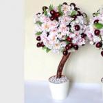 Hoe je vormsnoei met je eigen handen kunt maken: van koffie, servetten, satijnen linten en golfpapier Topiary-boom van bloemen
